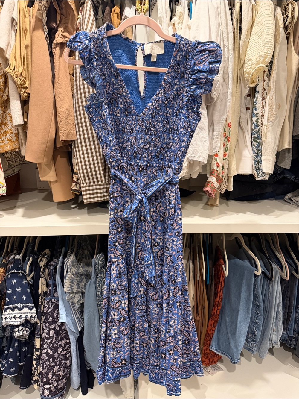 Cleobella Blue Floral Smocked Midi Dress with Tie Waist